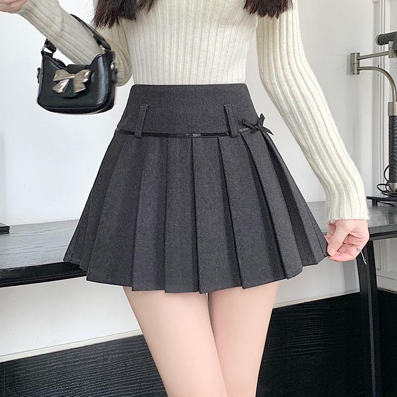 High Rise Bow Pleated Mini A-Line Skirt Product Image