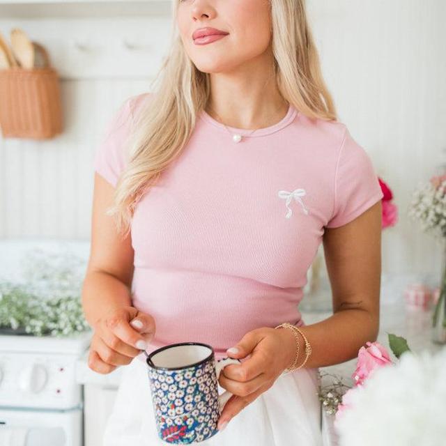 Tied Together Pink Embroidered Bow Tee Product Image