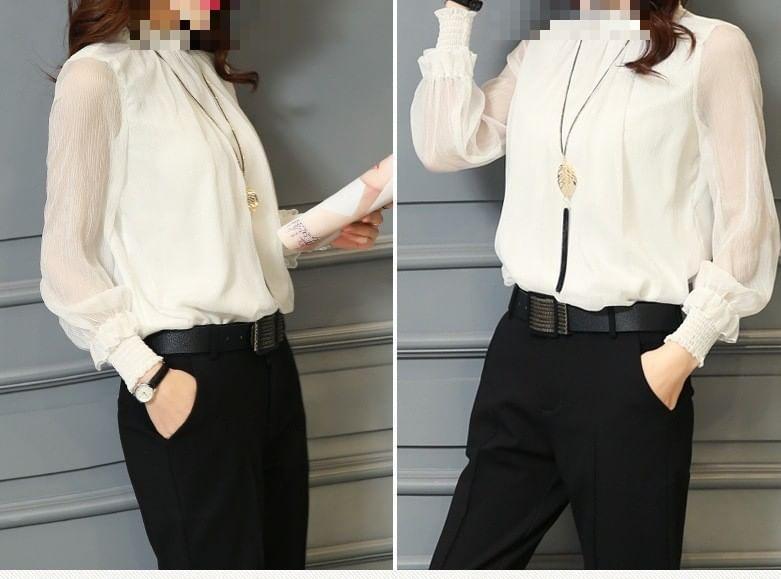 Long-Sleeve Plain Frill Trim Blouse Product Image