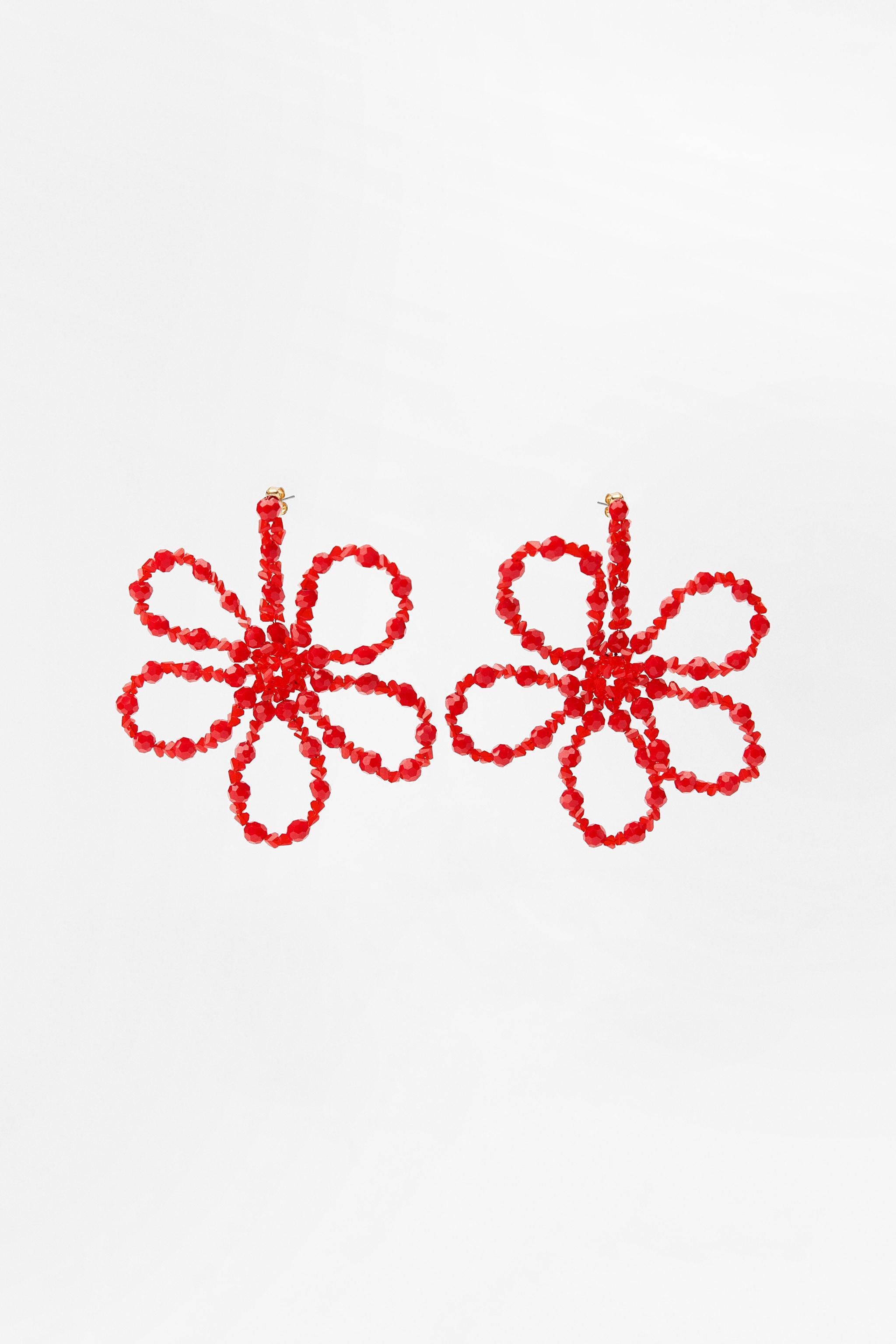 Flower shaped metal drop earrings with colorful bead appliqué. Butterfly closure. Product Image