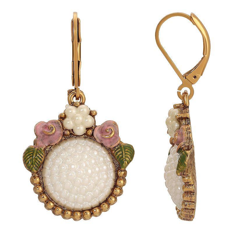 1928 Gold Tone Simulated Pearl Pink Flower Round Drop Earrings, Womens Product Image