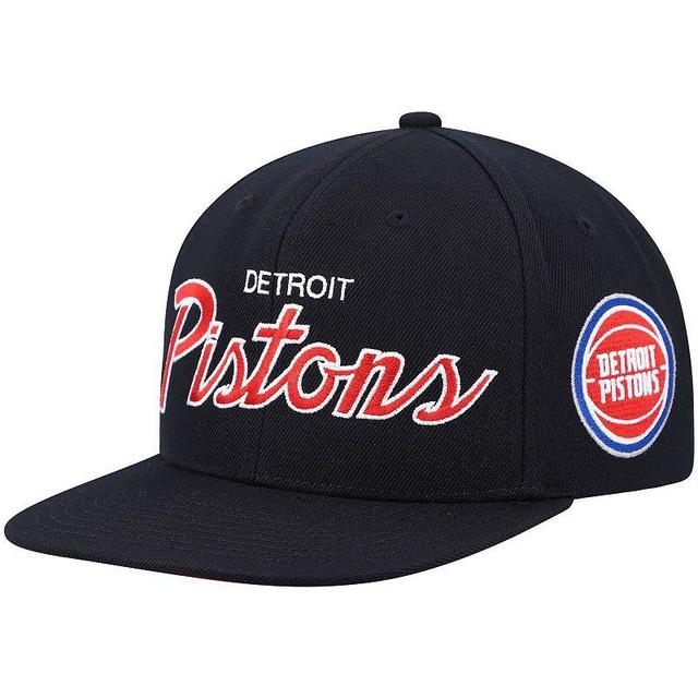 Mens Mitchell & Ness Black Detroit Pistons Hardwood Classics Script 2.0 Snapback Hat Product Image