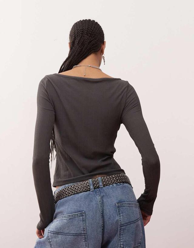 COLLUSION ribbed slash neck long sleeve top in gray Product Image