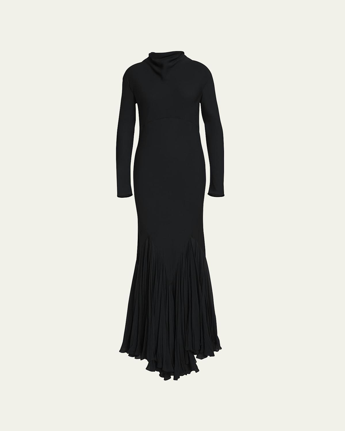 Metin Cowl-Neck Long-Sleeve Pleated Mermaid Gown Product Image