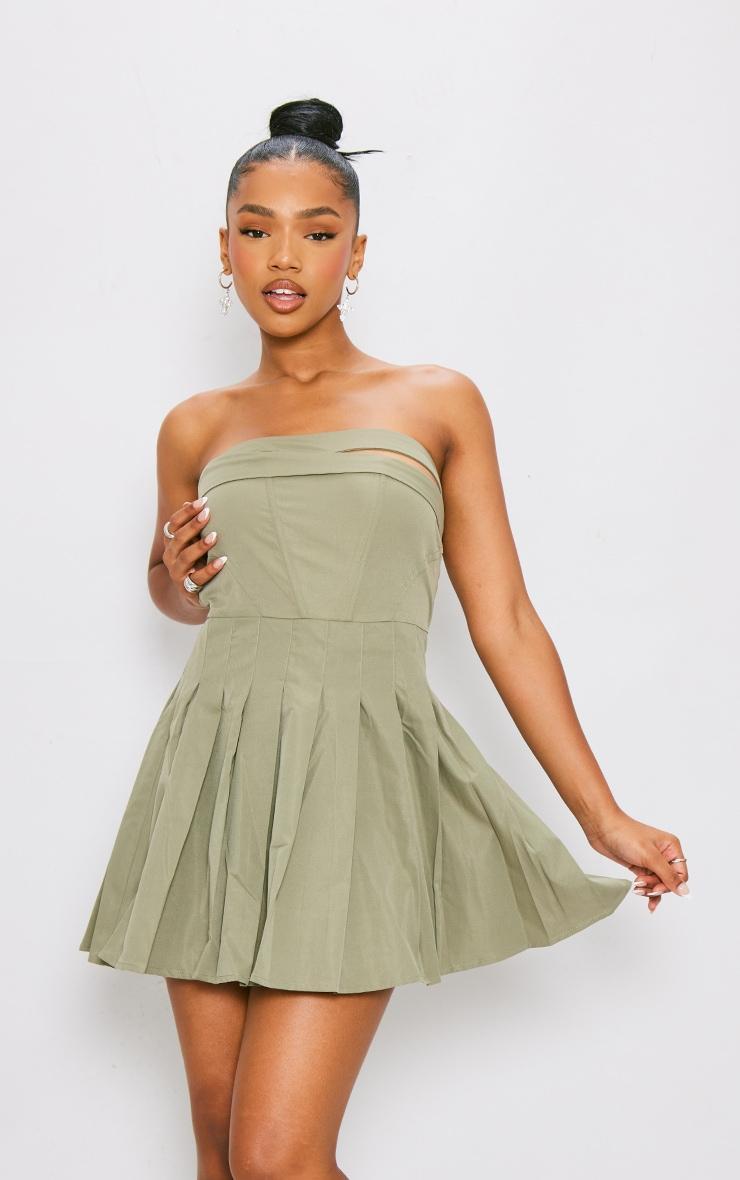 Khaki Tailored Bandeau Pleated Shift Dress Product Image