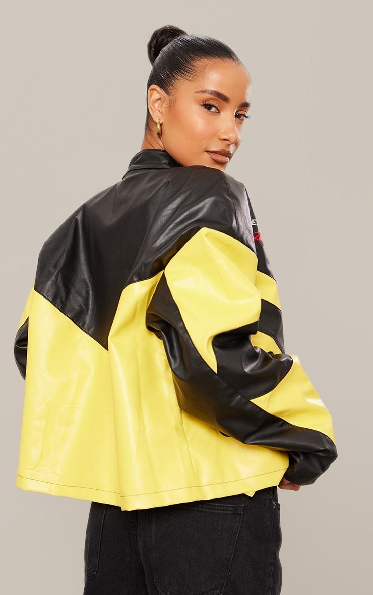 Yellow Faux Leather Contrast Panel Oversized Motocross Jacket product image