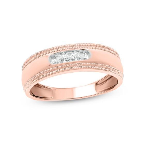 Men's 1/5 CT. T.w. Diamond Three Stone Milgrain Wedding Band in 10K Rose Gold Product Image