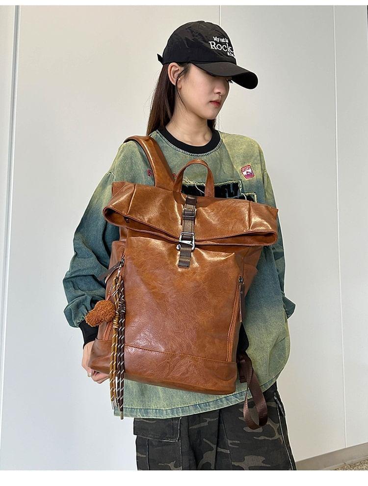 Buckled Flap Faux Leather Backpack Product Image