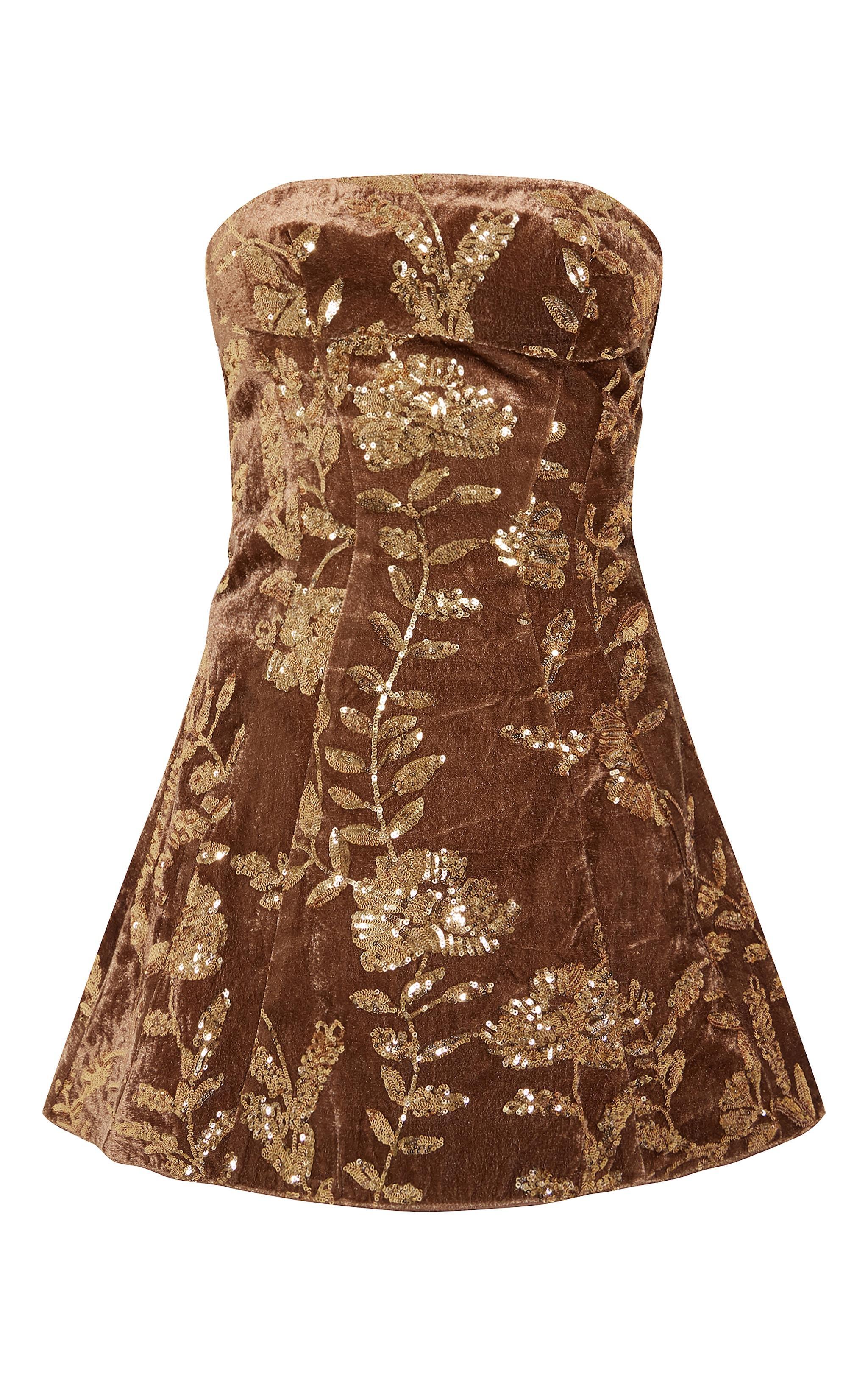 Golden Olive Velvet Floral Sequin A-line Dress Product Image