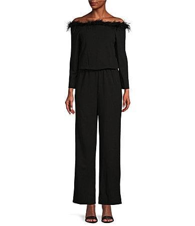 Marina Off-the-Shoulder Feather Trim Scuba Crepe Jumpsuit Product Image