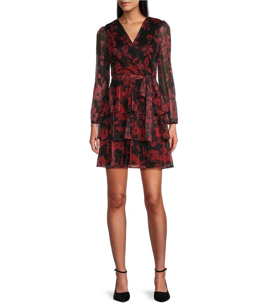 Leslie Fay Floral Print Mesh Surplice V-Neck Balloon Sleeve Ruffle Hem Fit & Flare Dress Product Image