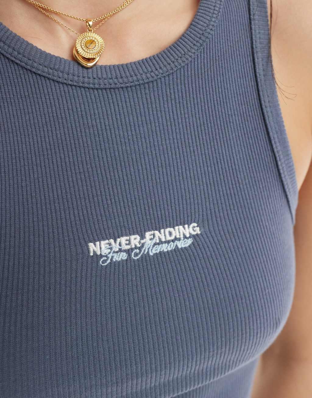 Pull&Bear 'Never Ending' graphic racer tank top in navy Product Image