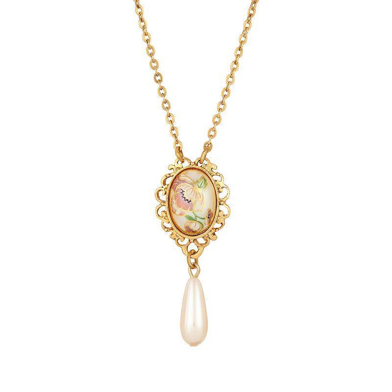 1928 Gold Tone Flower Decal Oval Drop Necklace, Womens, Multi Product Image