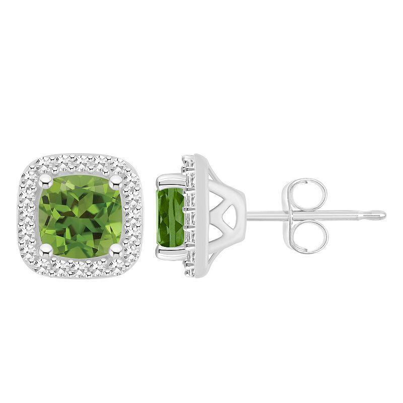 Celebration Gems Sterling Silver 5 mm Cushion Gemstone & 1/5 Carat T.W. Diamond Halo Stud Earrings, Womens, Peridot Product Image