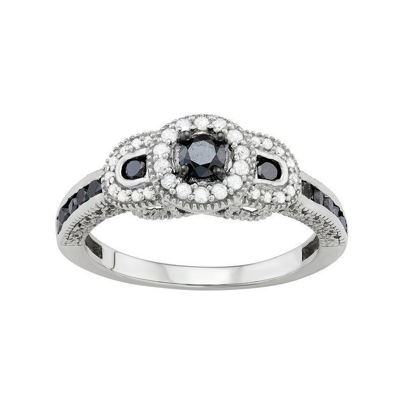 Jewelexcess Sterling Silver 1/2 Carat T.W. Black & White Diamond 3-Stone Halo Ring, Womens Product Image