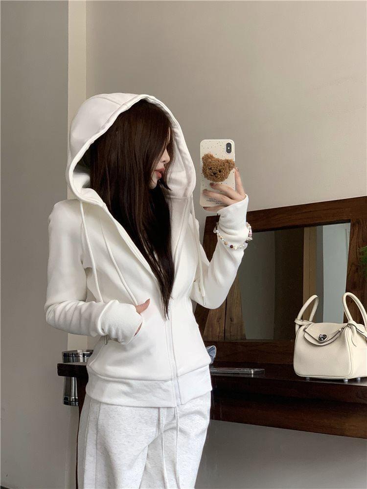 Plain Zip-Up Hoodie / Drawstring Waist Wide Leg Sweatpants Product Image