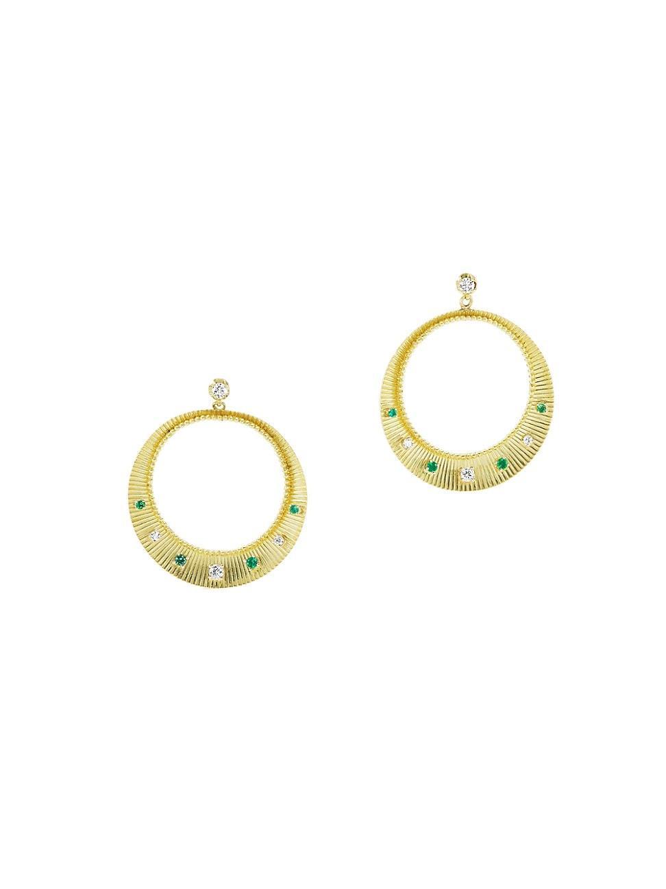 Womens 18K Yellow Gold, Emerald, & Diamond Ridged Drop Earrings Product Image