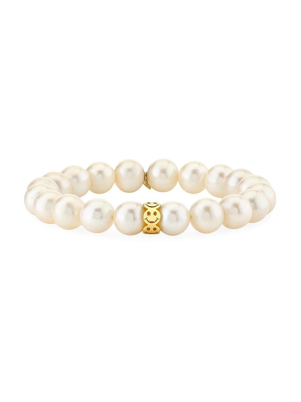 Womens Pure 14K Yellow Gold & Freshwater Pearl Happy Face Stretch Bracelet Product Image