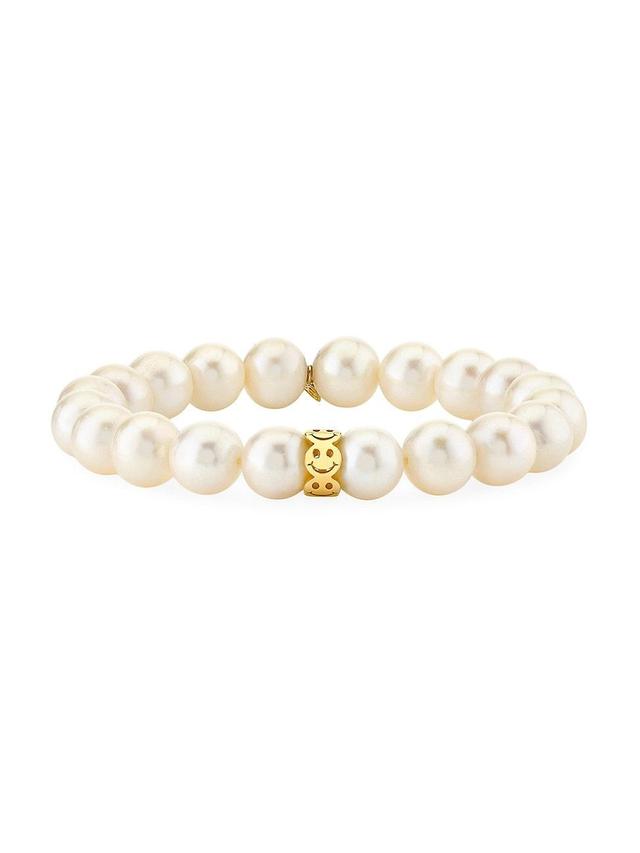 Womens Pure 14K Yellow Gold & Freshwater Pearl Happy Face Stretch Bracelet Product Image