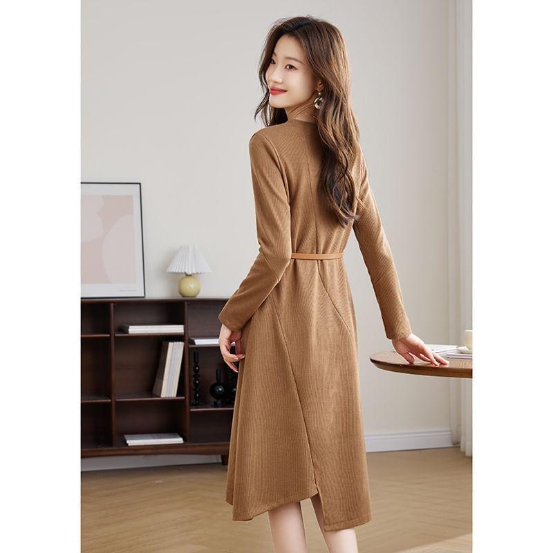 Long Sleeve Round Neck Plain Knitted Midi A-Line Dress Product Image