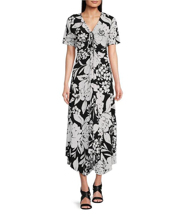 Taylor Printed Stretch Matte Jersey Floral V-Neck Short Flutter Sleeve Ruched Bodice Dress Product Image