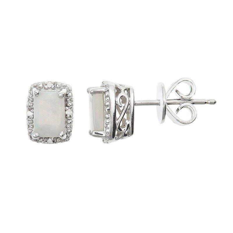 Belk & Co Sterling Silver 6X4Mm Emerald Cut Opal Diamond Accent Halo Stud Earrings Product Image