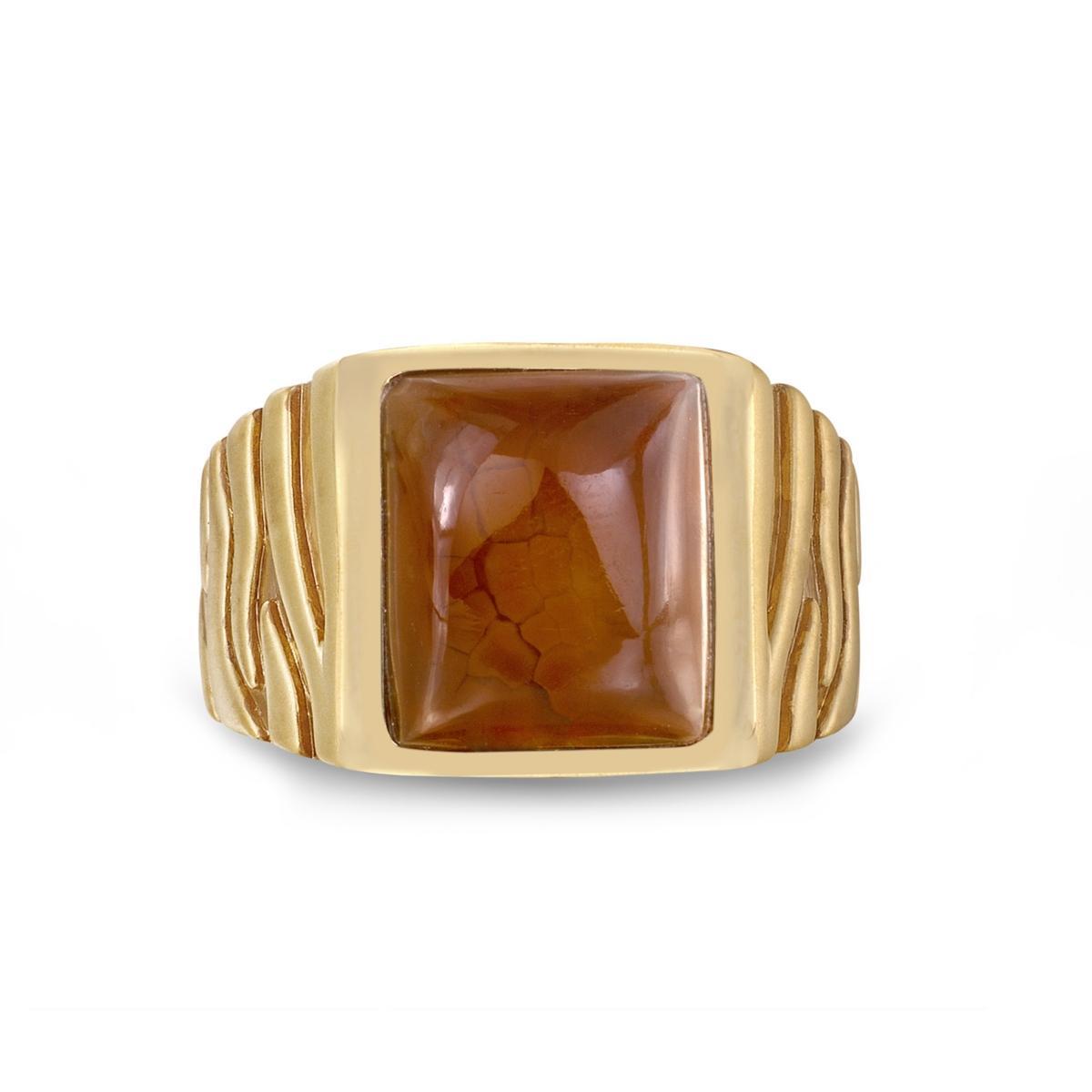 LuvMyJewelry Cracked Agate Gemstone Yellow Gold Plated Silver Men Signet Ring in Brown Rhodium Product Image