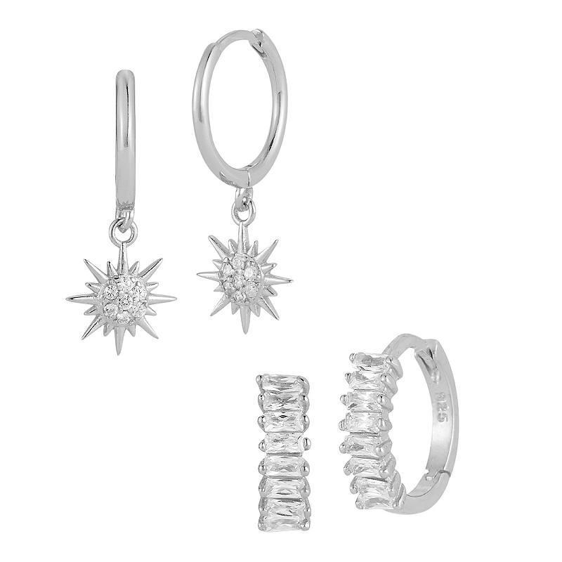 Sunkissed Sterling Cubic Zirconia Sun Charm Huggie Hoop Earring Set, Womens, Silver Tone Product Image