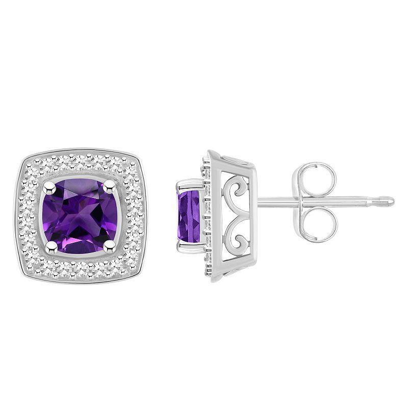 Celebration Gems Sterling Silver Cushion Gemstone 1/5 Carat T.W. Diamond Halo Stud Earrings, Womens, Purple Product Image