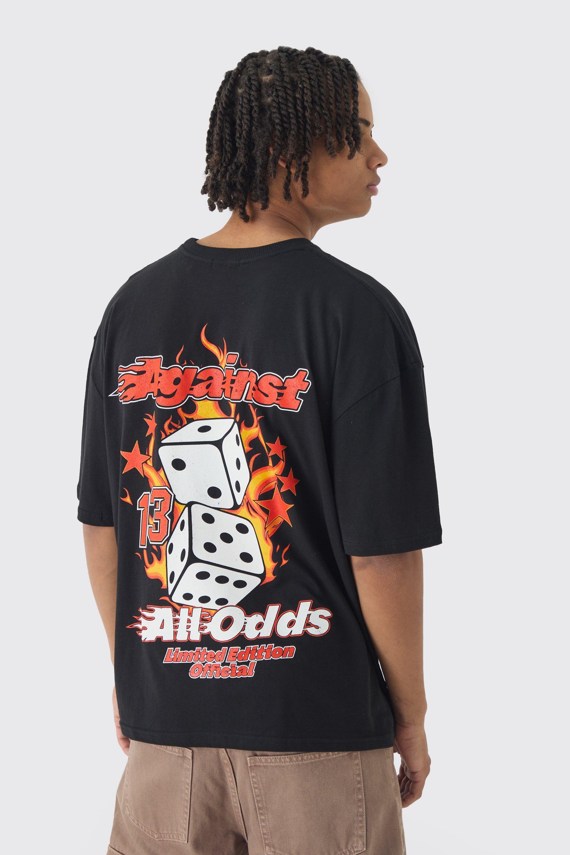 Mens Black Oversized Boxy Flame Dice Back Print T-Shirt, Black Product Image