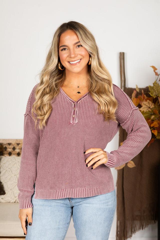 Washed Yarn V-Neck Button Detail Sweater Product Image