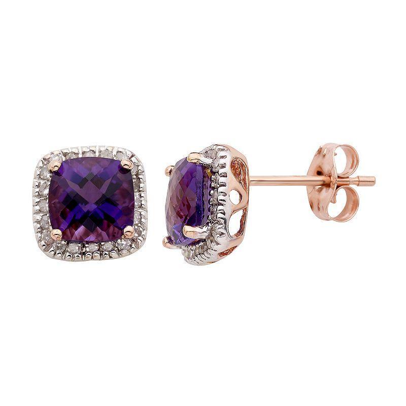 Amethyst and 1/6 Carat T.W. Diamond 10K Gold Halo Button Stud Earrings, Womens, Purple Product Image