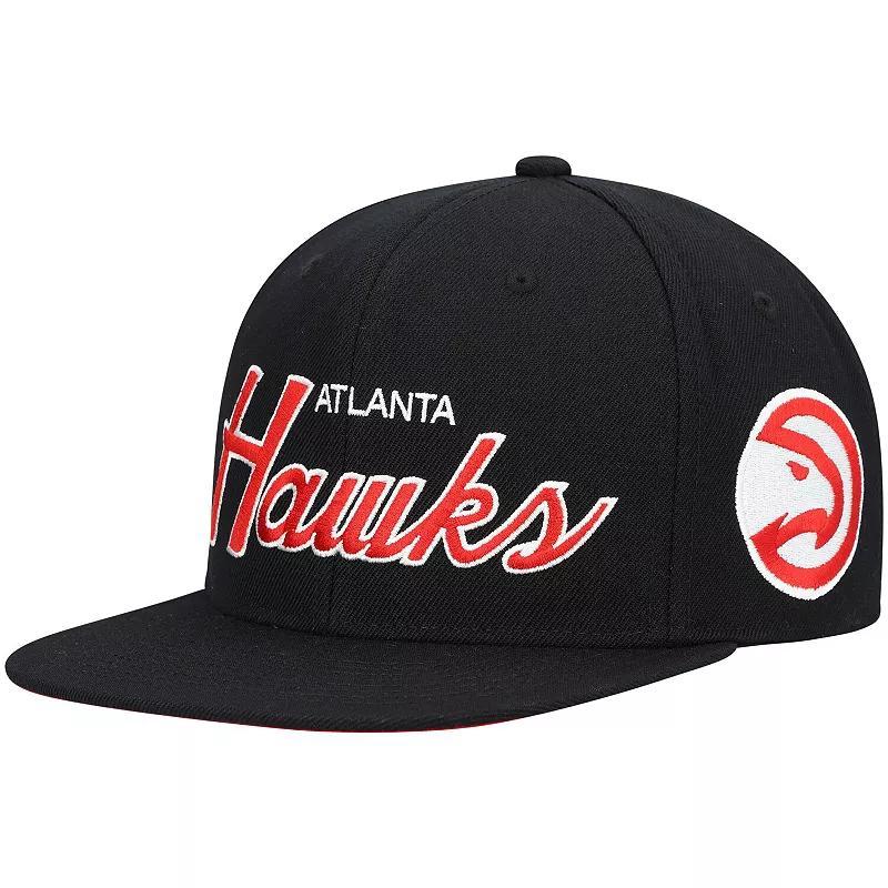 Mens Mitchell & Ness Black Atlanta Hawks Hardwood Classics Script 2.0 Snapback Hat Product Image