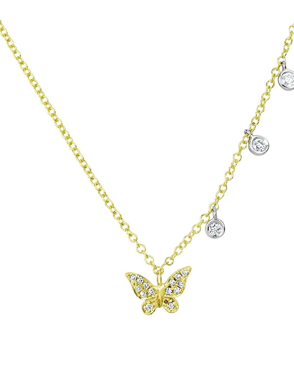 Womens 14K Yellow Gold Butterfly Diamond Bezel Necklace Product Image