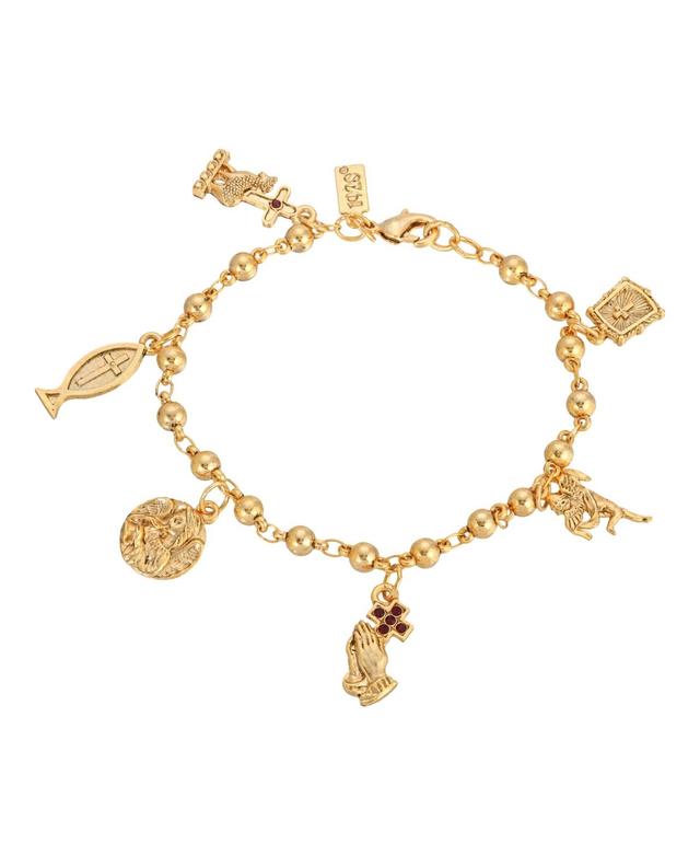 Symbols of Faith Gold Tone Simulated Crystal Cross Charm Bracelet, Womens Red Product Image