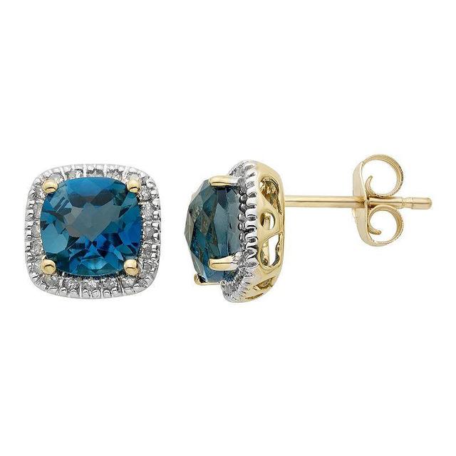 London Blue Topaz and 1/6 Carat T.W. Diamond 10K Gold Halo Button Stud Earrings, Womens Product Image