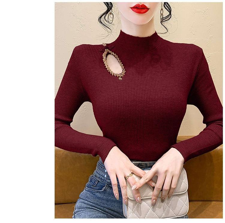 Long Sleeve Mock Neck Beaded Cutout Ribbed Knit Top Product Image