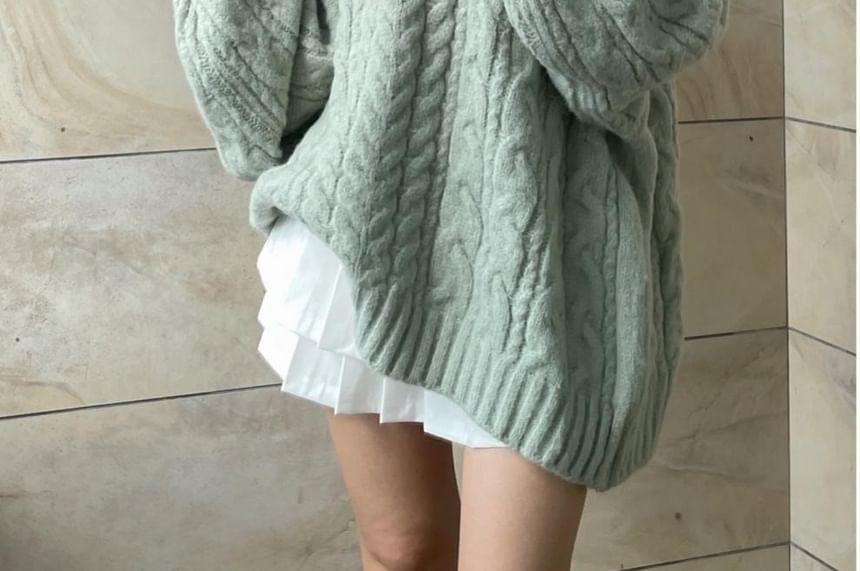 V-Neck Cable Knit Oversized Sweater Product Image