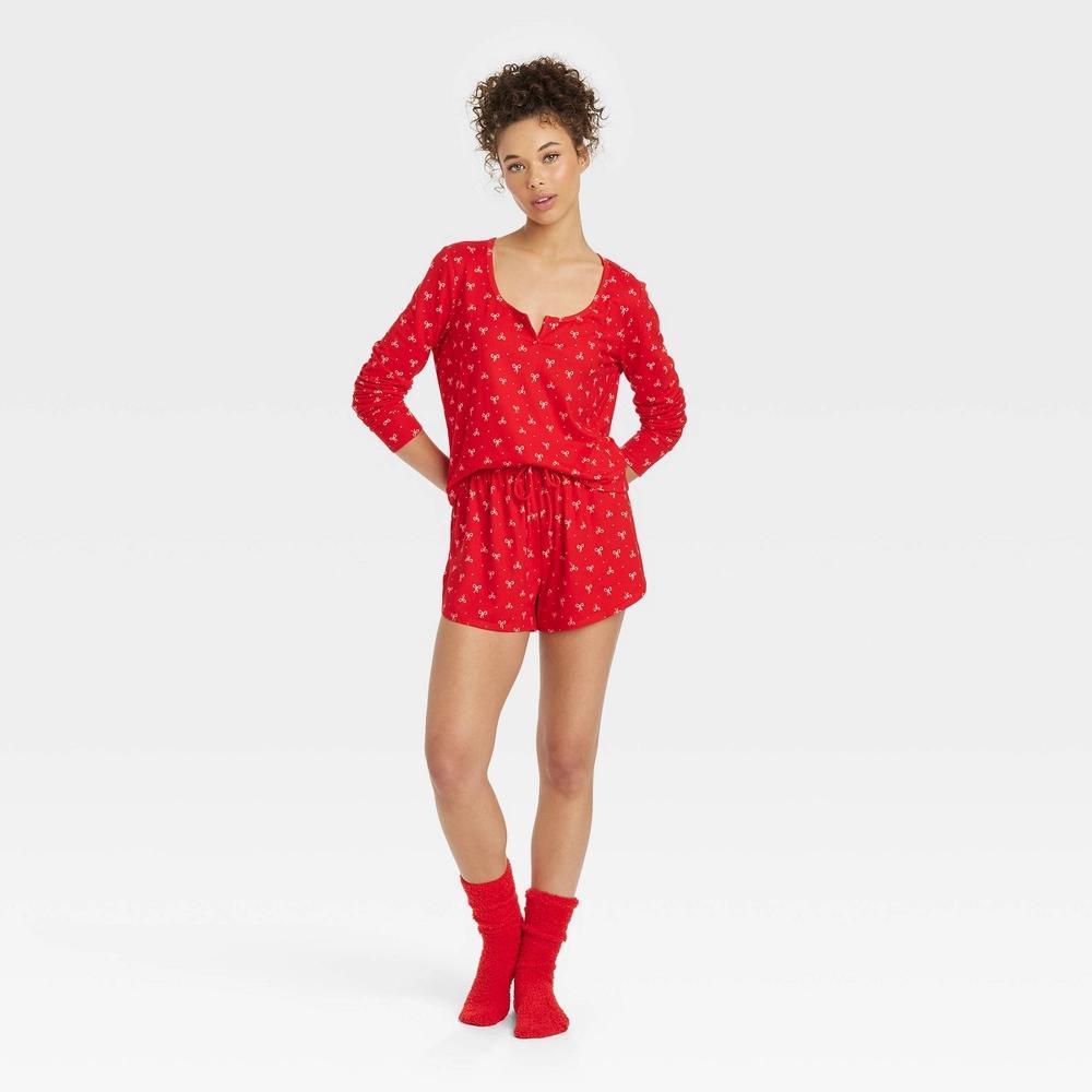 Womens 3pc Long Sleeve Shirt and Shorts with Socks Pajama Set - Colsie Red Bows XS Product Image