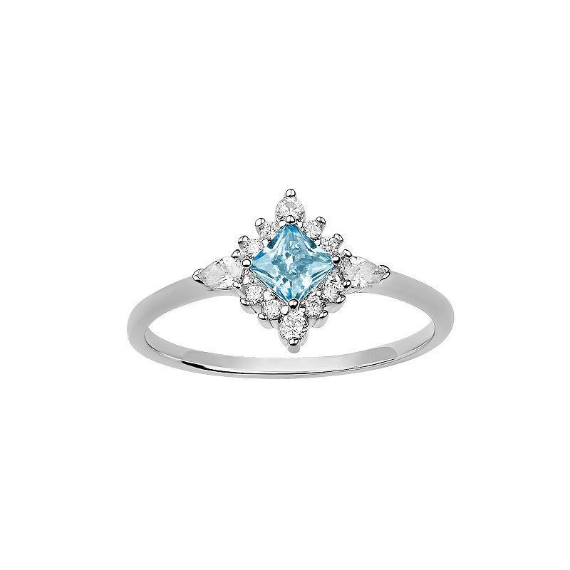 PRIMROSE Sterling Silver Aqua Cubic Zirconia Starburst Halo Ring, Womens Sterling Blue Product Image