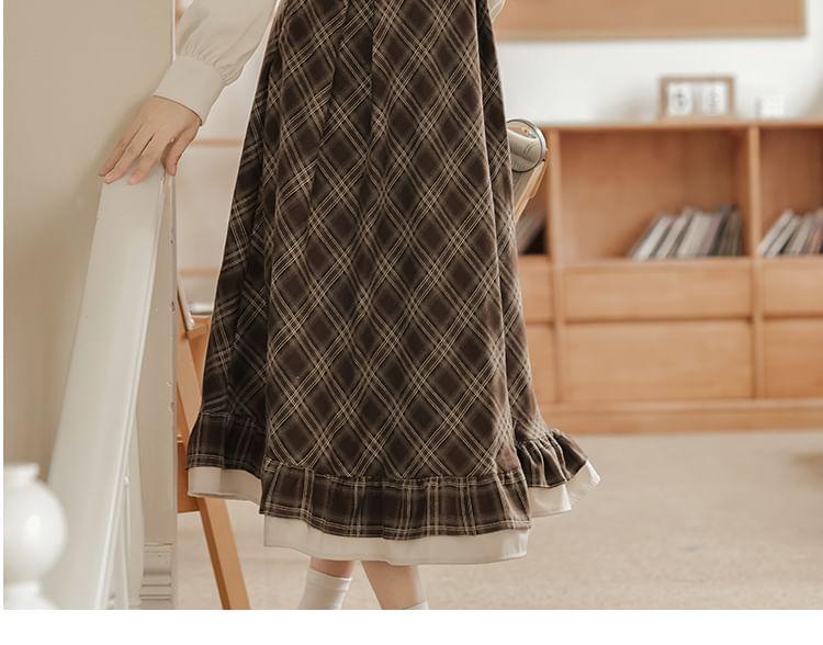 Long Sleeve Collared Plaid Ruffle Mock Two Piece Midi A-Line Dress Product Image