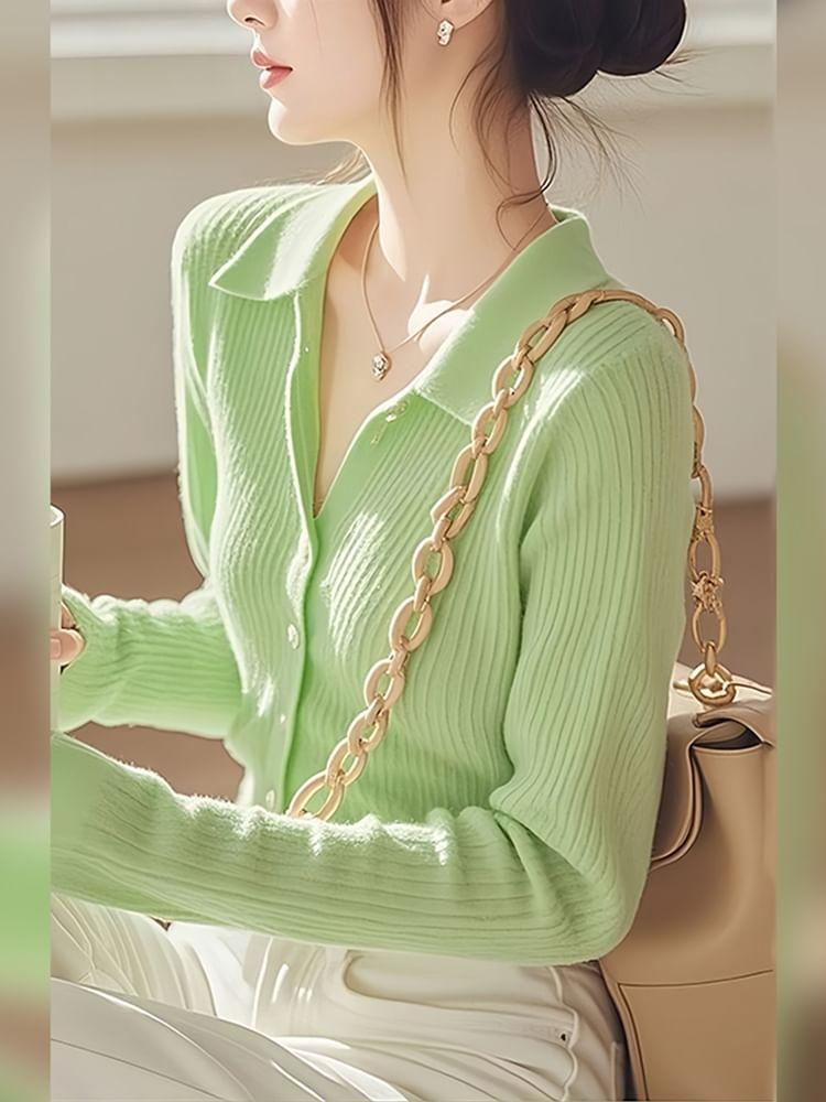 Collared Plain Button-Up Cardigan Product Image