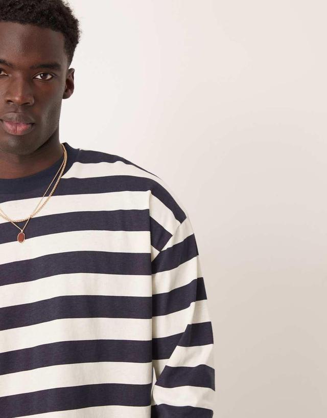 ASOS DESIGN boxy oversized long sleeve t-shirt in navy and white stripe Product Image