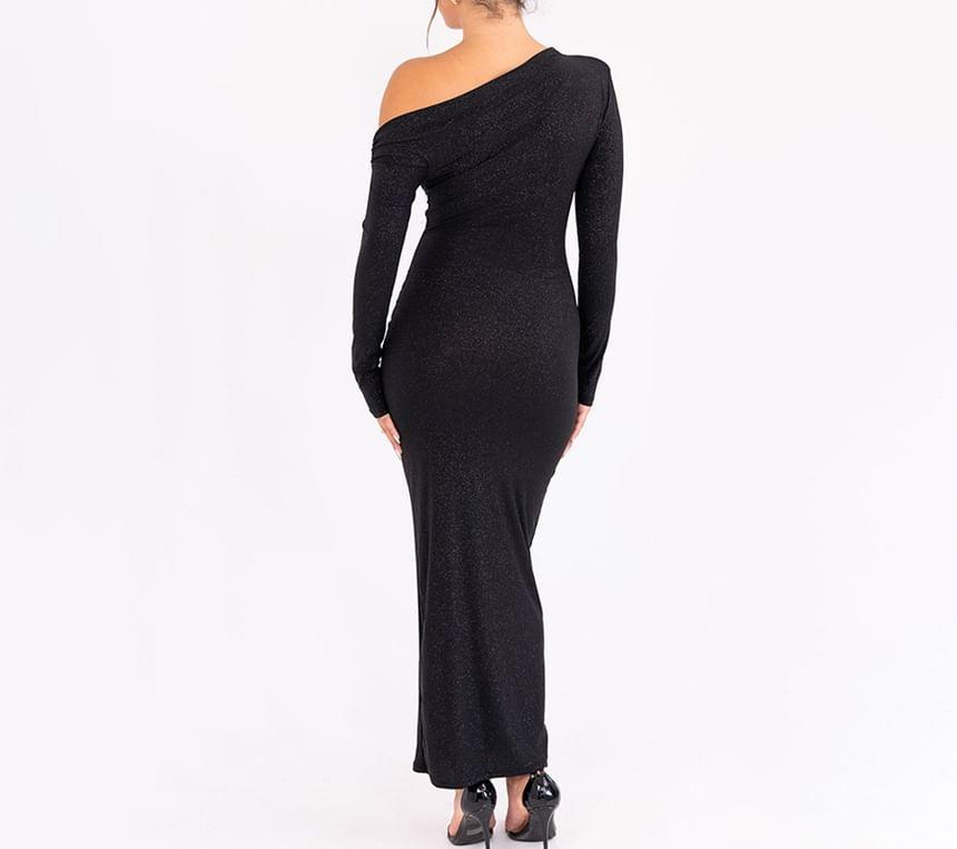 Long-Sleeve Asymmetrical Plain Maxi Sheath Dress Product Image