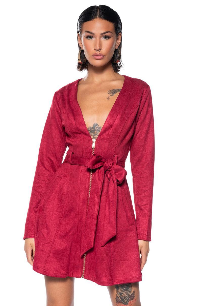 COVET FAUX SUEDE TRENCH MINI DRESS IN RED Product Image