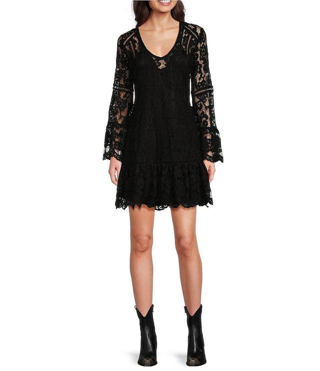 Scully Lace V-Neck Long Bell Sleeve Scalloped Hem A-Line Dress Product Image