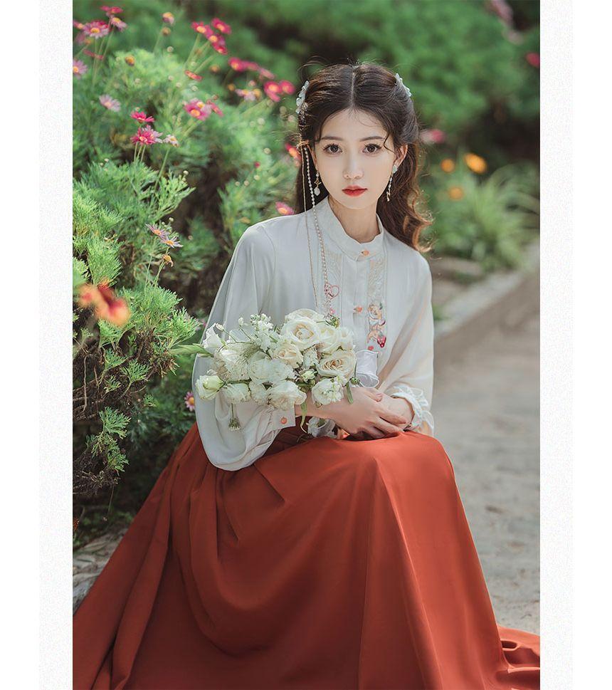 Puff-Sleeve Floral Embroidered Blouse / High Waist Plain Midi A-Line Skirt / Belt / Set Product Image