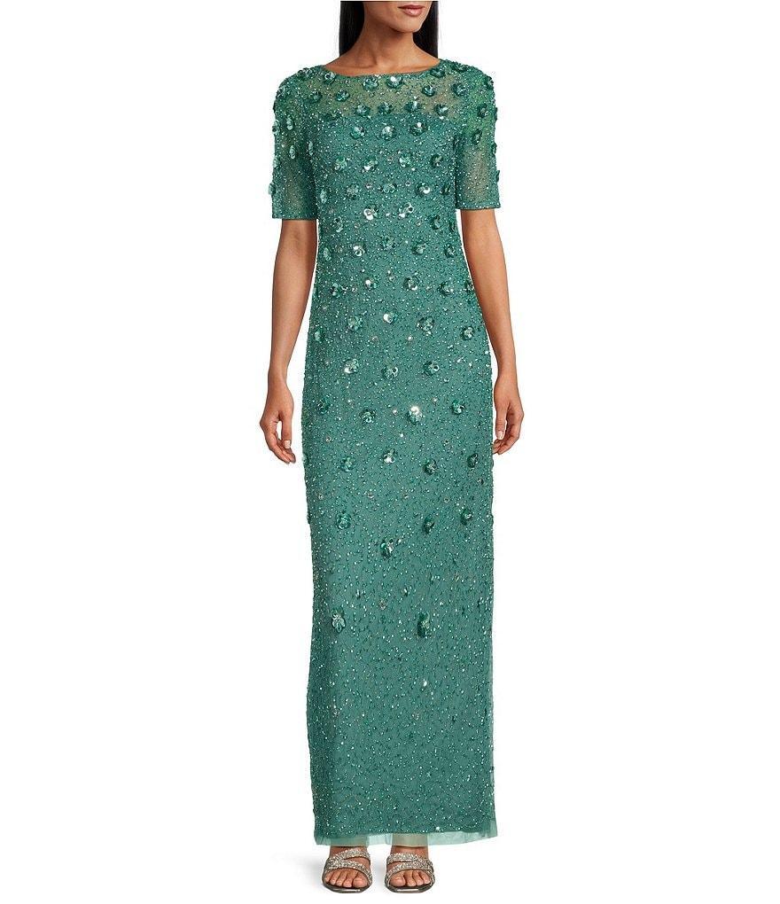 Adrianna Papell Petite Size Floral Beaded Mesh Boat Neck Elbow Sleeve Long Gown Product Image