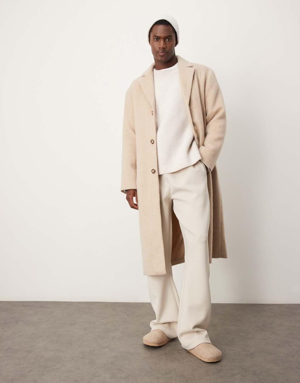 ASOS DESIGN brushed wool look overcoat in stone Product Image