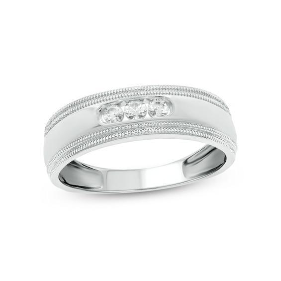 Men's 1/5 CT. T.w. Diamond Three Stone Milgrain Wedding Band in 14K White Gold Product Image